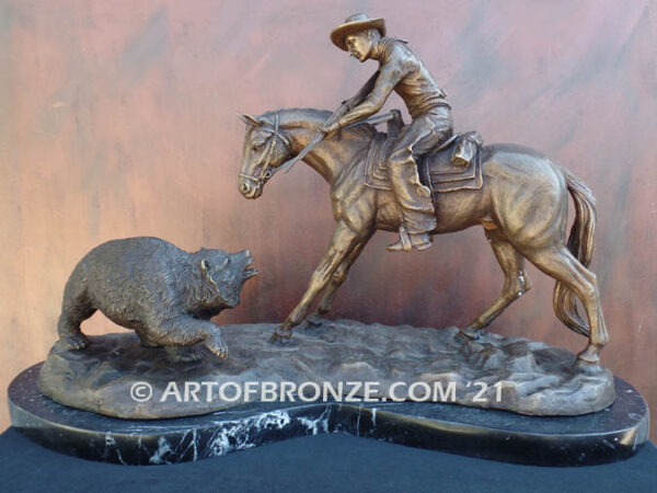 Fighting Chance bronze statue cowboy-on-horseback-encountering-a-wild-bear