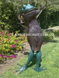 Master Sommelier whimsical 5 ½ ft. tall frog pouring wine bronze statue