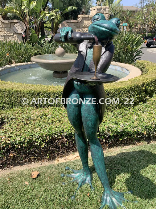 Master Sommelier whimsical 5 ½ ft. tall frog pouring wine bronze statue