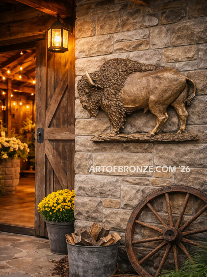 Spirit of the West bronze statue standing bison wall relief artwork