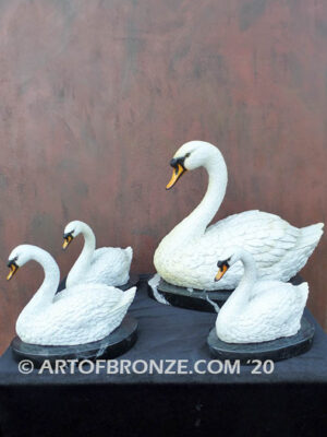 White mother swan and cygnets bronze sculpture artwork for indoor decoration