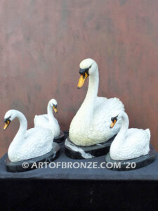 White mother swan and cygnets bronze sculpture artwork for indoor decoration