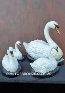 White mother swan and cygnets bronze sculpture artwork for indoor decoration