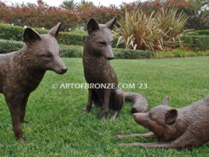 On the Alert high quality bronze sculpture wildlife artwork set of three foxes for public or private display