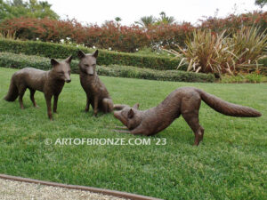 On the Alert high quality bronze sculpture wildlife artwork set of three foxes for public or private display