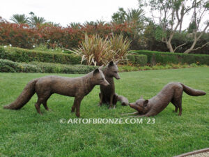 On the Alert high quality bronze sculpture wildlife artwork set of three foxes for public or private display