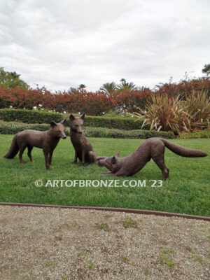 On the Alert high quality bronze sculpture wildlife artwork set of three foxes for public or private display