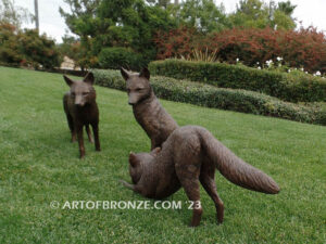 On the Alert high quality bronze sculpture wildlife artwork set of three foxes for public or private display