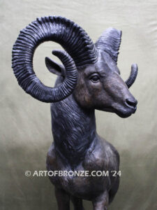 Big Horn Majesty monumental outdoor bronze sculpture ram on bronze rock ledge