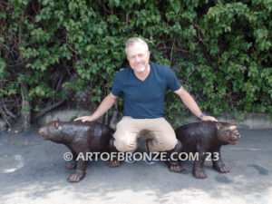 Bear Cub outdoor bronze statue of two sitting right/left pair of cubs