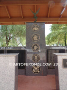 Evergreen Cemetery Veterans Memorial bronze statues of eagle on globe and boy saluting flag