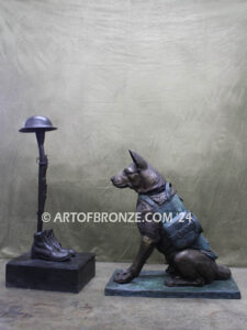 Saying Goodbye Military working dog and fallen soldier battlefield cross military memorial statue