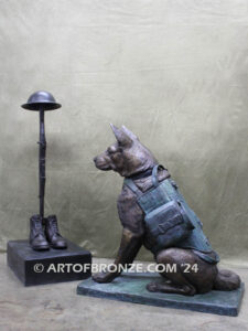 Saying Goodbye Military working dog and fallen soldier battlefield cross military memorial statue