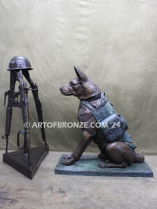 Saying Goodbye Military working dog and fallen soldier battlefield cross military memorial statue