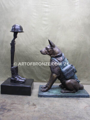 Saying Goodbye Military working dog and fallen soldier battlefield cross military memorial statue