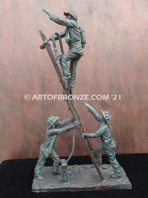 Rising bravery bronze statue of three firefighters climbing ladder battling fire