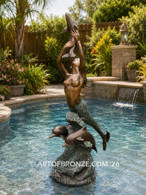 Bronze sea goddess mermaid sculpture with dolphins for pond, pool or aquatic display