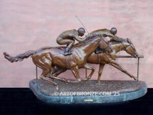 Sport of Kings horse racing bronze sculpture of two jockeys and running thoroughbreds
