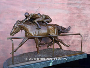 Sport of Kings horse racing bronze sculpture of two jockeys and running thoroughbreds