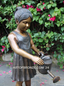 Blooming Love bronze sculpture of girl holding watering flower