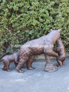 Protective Path monumental outdoor bronze statue of mother bear and cubs playing
