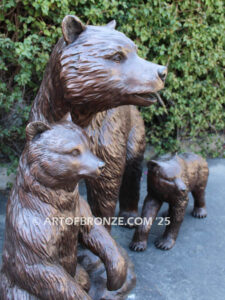 Protective Path monumental outdoor bronze statue of mother bear and cubs playing