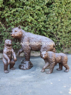 Protective Path monumental outdoor bronze statue of mother bear and cubs playing