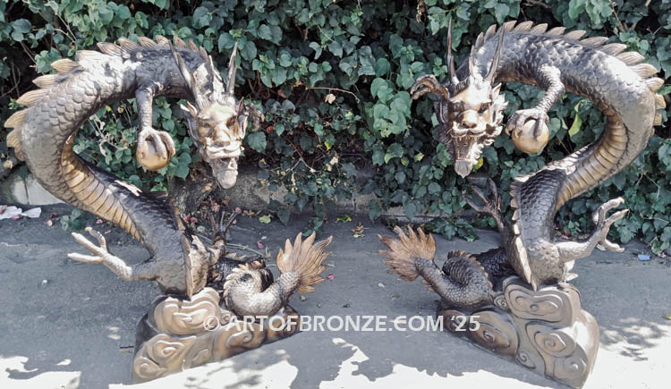 Chinese Dragons medium version pair outdoor dragon holding pearl bronze statue