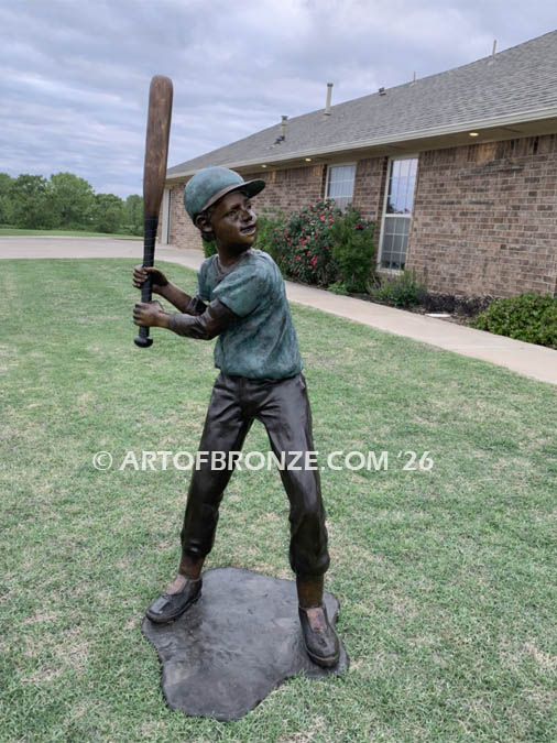 All Star Batter outdoor bronze baseball statue of young batter ready to hit ball