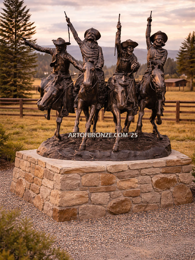 Coming Thru the Rye bronze sculpture after Frederic Remington featuring four horseman on galloping horses