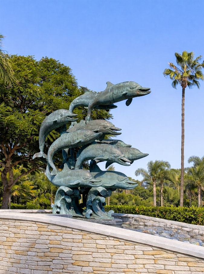 bronze sculpture of leaping dolphins in fountain at shopping center