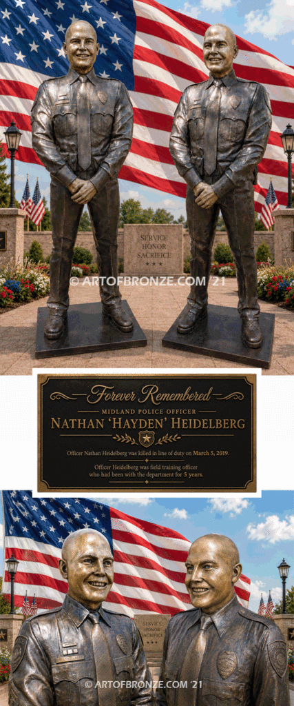 Forever Remembered bronze sculpture of life-size bronze memorial sculpture of police officer Nathan Heidelberg